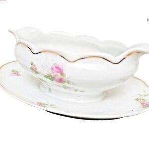 Austrian Carlsbad Handpaint Gold Leaf Gravy Boat  w/Attachd Underplate Antique